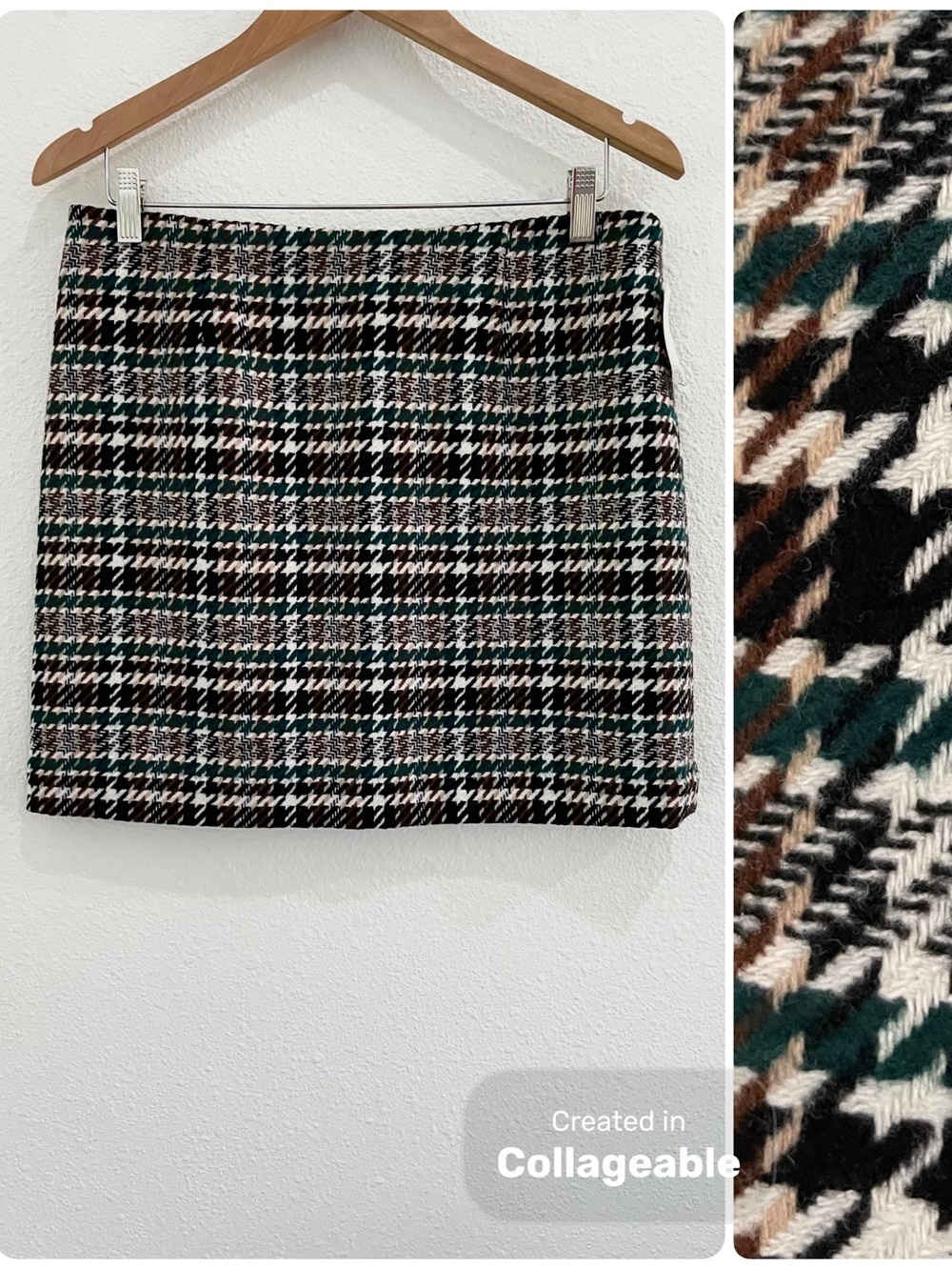H&M Houndstooth Plaid Mini Skirt Lined Academia Office Fall Preppy Green White